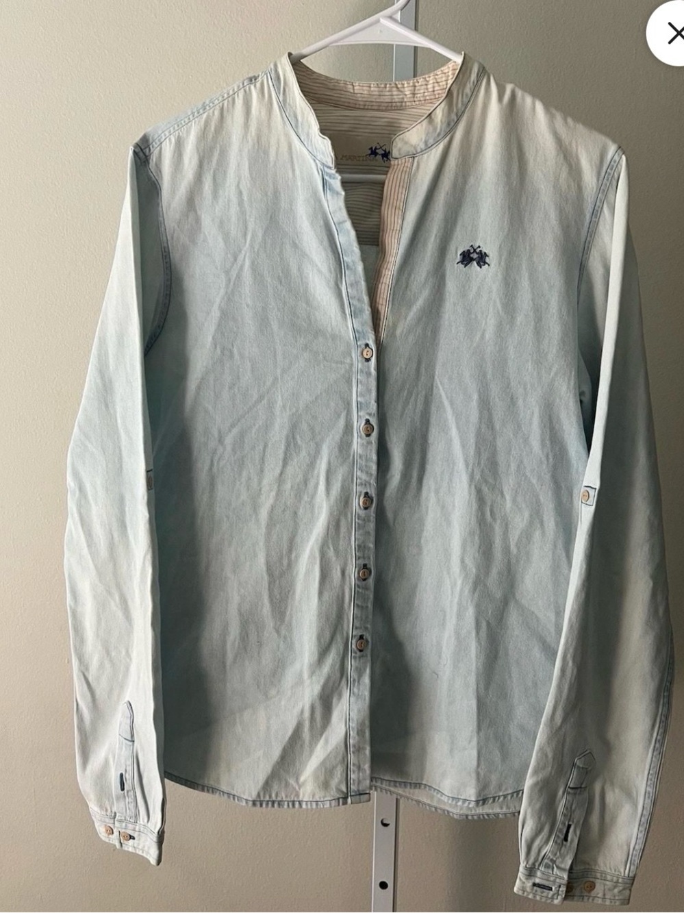 La Martina Light Blue Collarless Button-Up Shirt with Embroidered Logo